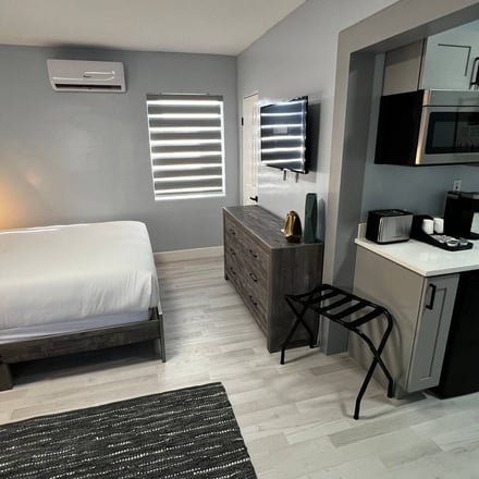 Suite bedroom with kitchenette and Smart TV