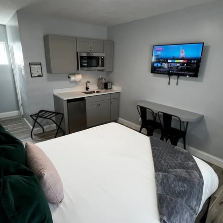 Suite bedroom with kitchenette and wall-mounted TV