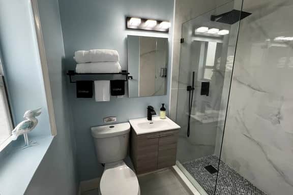 Modern spacious shower with rain shower overhead and Handheld Sprayer. We provide toiletries such as shampoo, conditioner, shower gel and hand soap. Fluffy large bath towels are on the rack.